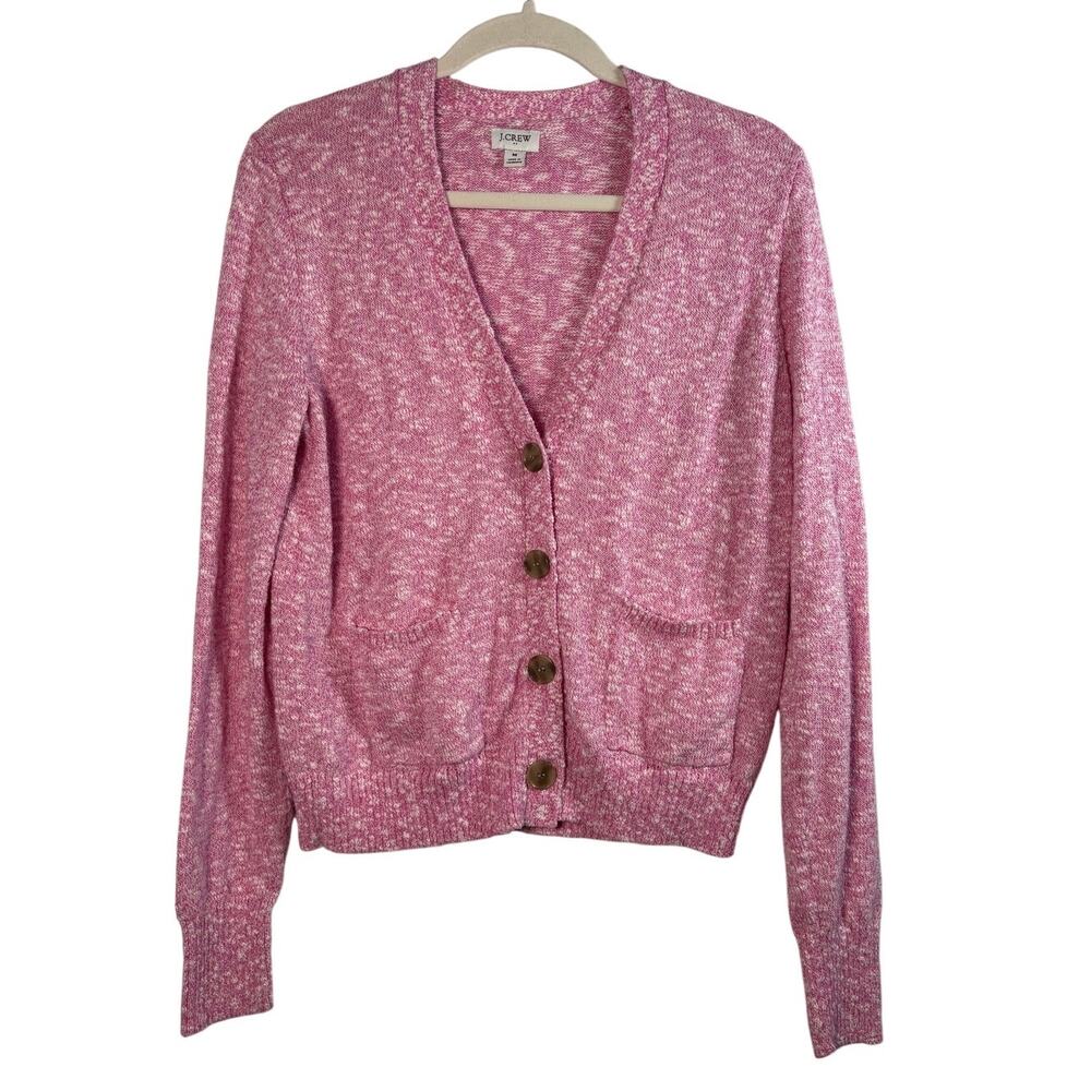 J.Crew Factory Pink Marled V-Neck Knit Cardigan Button Front Sweater Pocket M